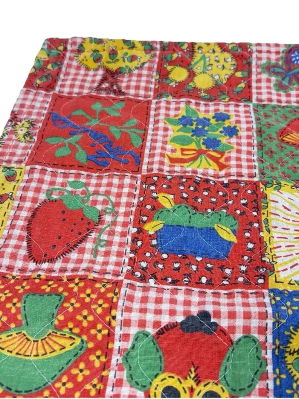 VTG Retro Mushroom Flower Power Quilted Patchwork Quilt Calico Gingham 19x31”